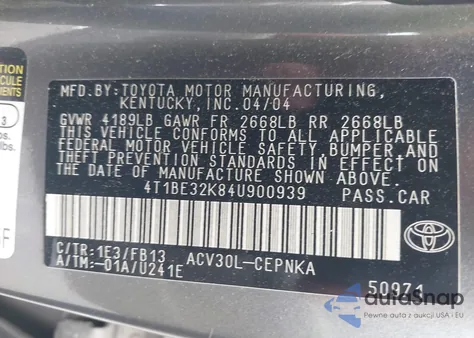 2004 Toyota Camry Le from USA, damaged, VIN 4T1BE32K84U900939